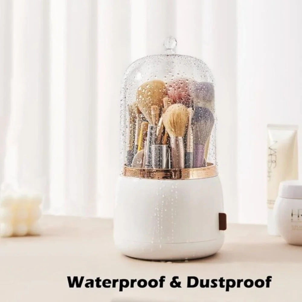 360° Rotating Makeup Brush Holder with Lid, Dustproof Organizer in Pearl White